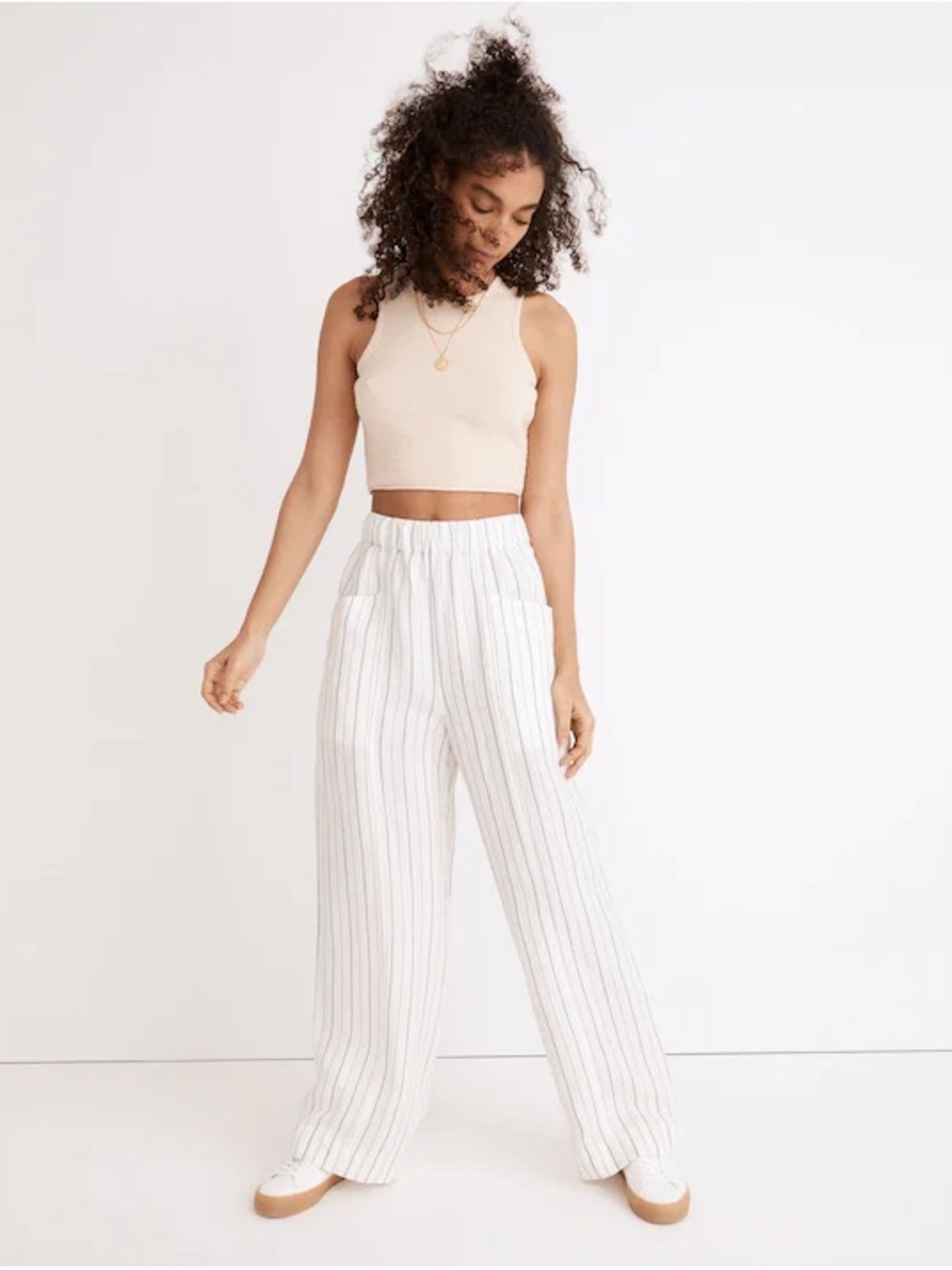 Linen-Blend Pull-On High-Rise Wide-Leg Pants in Stripe Size S